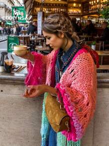 Cárdigan kimono hecho a mano, estilo boho, de colores vivos, con mangas acampanadas, suéter navideño 2024