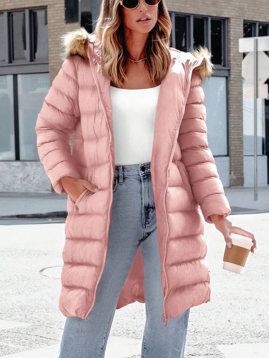 Winter Women's Long Cotton-Padded Coat With Hat Zipper Thick Cotton-Padded Coat Fashion Warm Coat