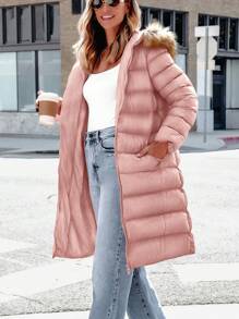 Winter Women's Long Cotton-Padded Coat With Hat Zipper Thick Cotton-Padded Coat Fashion Warm Coat