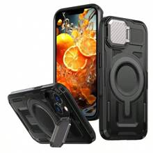 Funda compatible con iPhone con tapa de metal para la cámara y soporte [Compatible con MagSafe][Protector de lente de cámara 9H] compatible con iPhone 11/12/13/14/15/16/Plus/Pro/Pro Max. Cubierta protectora para teléfono a prueba de golpes de gran resistencia, color negro