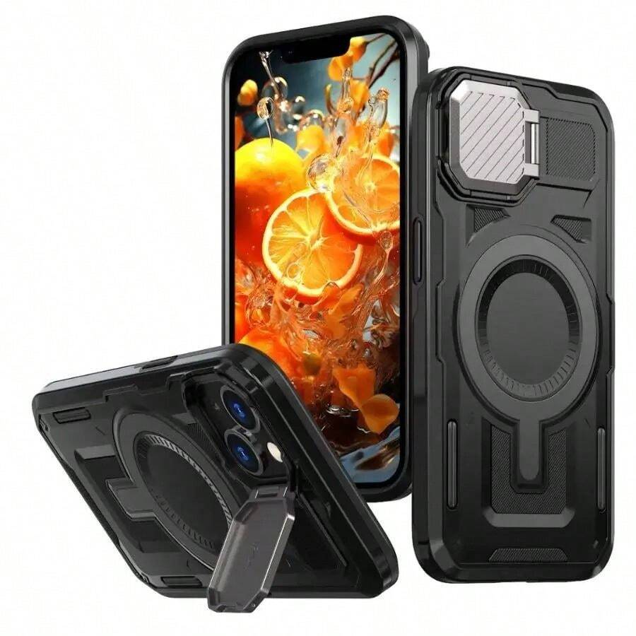 Funda compatible con iPhone con tapa de metal para la cámara y soporte [Compatible con MagSafe][Protector de lente de cámara 9H] compatible con iPhone 11/12/13/14/15/16/Plus/Pro/Pro Max. Cubierta protectora para teléfono a prueba de golpes de gran resistencia, color negro