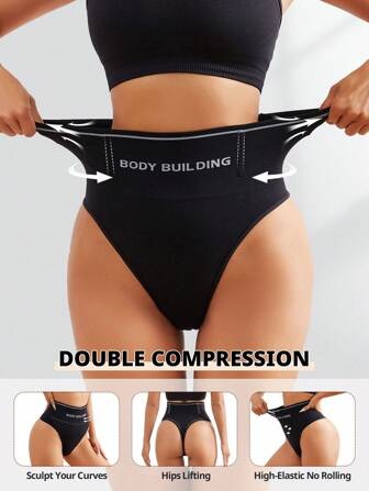 FLARIXA Women Seamless High Rise Thong Panty Tummy Control Thongs Shaperwear Slimming Underwear Body Building Black Panties