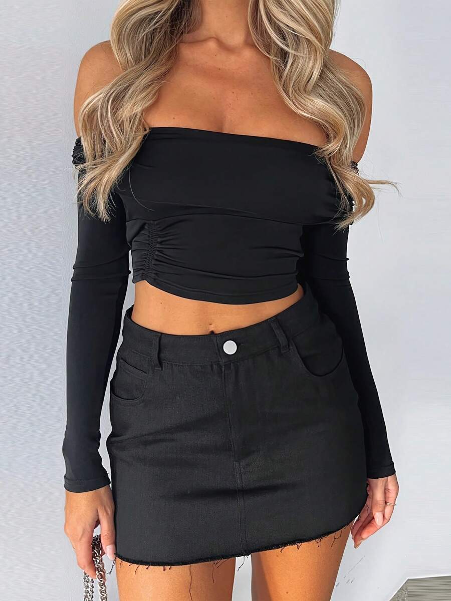Women's Off-Shoulder Cropped Tops Solid Color Long Sleeve Ruched Show Navel T-Shirts - Black - View 1