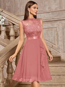 MIUSOL Turtleneck Sequin Floral Lace Sleeveless Ruffle Hem Cocktail Party Dress - Dusty Pink - View 6