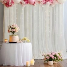 1 set de 2 rideaux de fond en voile transparent avec guirlande lumineuse de fée - Tentures en polyester blanc 100% de 1,6 m x 3 m, convenant pour les mariages, anniversaires, occasions diverses. Kit d'éclairage alimenté par USB, polyvalent pour différentes occasions
