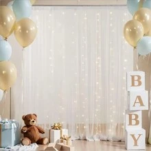 1 set de 2 rideaux de fond en voile transparent avec guirlande lumineuse de fée - Tentures en polyester blanc 100% de 1,6 m x 3 m, convenant pour les mariages, anniversaires, occasions diverses. Kit d'éclairage alimenté par USB, polyvalent pour différentes occasions
