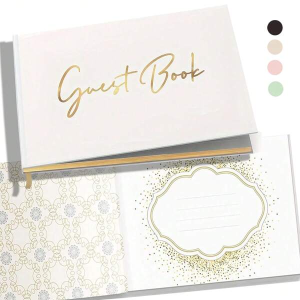 1 pieza Libro de visitas de boda, libro de visitas dorado, libro de visitas de baby shower - Álbum lujoso de tapa dura blanca de 9"X7" con bordes dorados en relieve, perfecto para recoger firmas y mensajes en bodas, funerales, memoriales, fiestas o baby showers, recuerdo personalizado para recepciones, baby showers, aniversarios, cumpleaños, útiles escolares, vuelta al cole