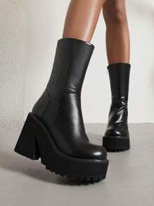 Botas de media pantorrilla elegantes de estilo gótico para mujer, con plataforma, tacón alto grueso, estilo punk, estilo callejero, botas cortas de combate para montar en motocicleta - Negro - Ver 1