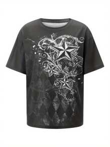 Women's Summer Casual Gothic Tops Short Sleeve Vintage Pattern Print Loose T-Shirt - Black - View 6