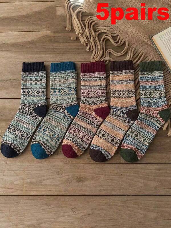 5pairs/1pair Of Autumn And Winter Retro Polyester- Totem Mid-Tube Socks, Long Socks For Women, Warm And Thick Outdoor Socks, 5 Colors Optional