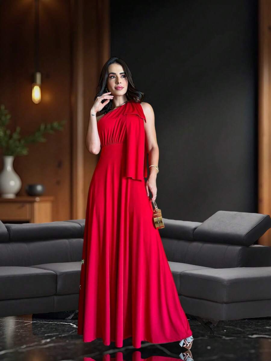 Long Party Dress With Lace, Lined Cups, Comfortable, Elegant, Simple - Red - View 1