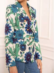 Veste blazer pour femme à imprimé floral bleu-vert, design à double boutonnage, dotée de boutons et de poches, élégante et classique, Collection Automne/Hiver