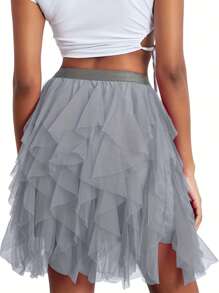 Women  Plus Size Tulle Tutu Skirt Solid Color Elastic Layered Mesh Fairy A-Line Skirt For Beach Party Streetwear - 灰色 - 查看 2