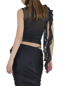 Women Solid Color Tank Tops Mesh See-Through 3D Flower Ruffles Crew Neck Sleeveless Vests Summer Slim Fit Crop Tops - Black - View 3
