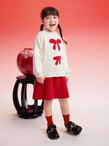 Balabala Girls' Knit Cardigan, 2025 New Year Outfit With Bow Detail