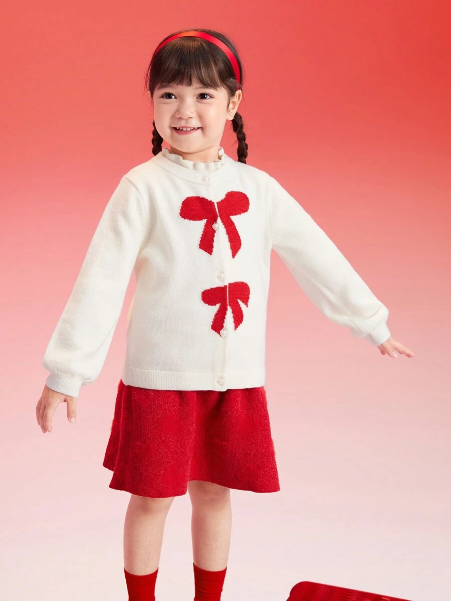 Balabala Girls' Knit Cardigan, 2025 New Year Outfit With Bow Detail