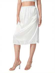Women's Half Slips, Elastic Waist Solid Color Underskirt Lace Trim Half Slip Skirt For Under Dresses - sữa - Xem 10