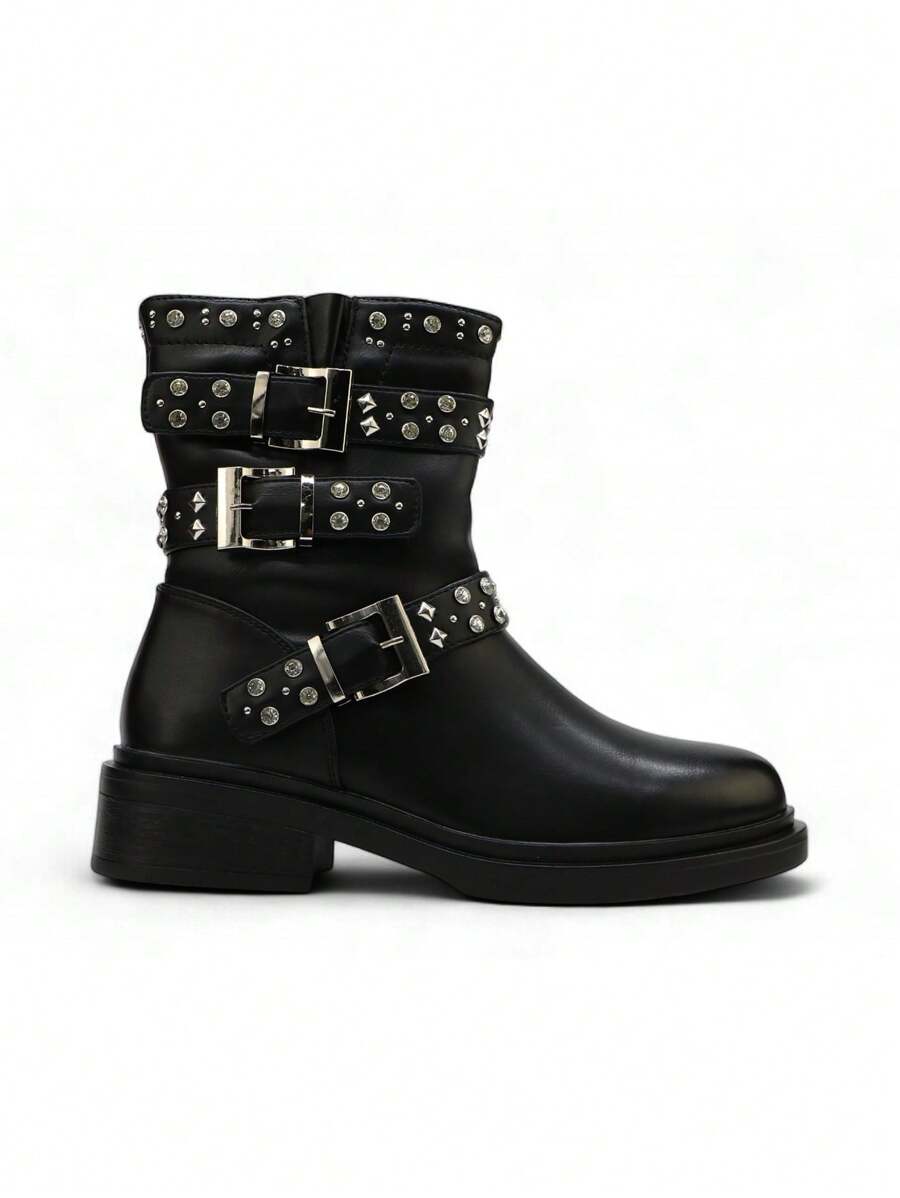 Rhinestone Embellished Edgy Punk Street Style Ankle Boots - Noir - View 1