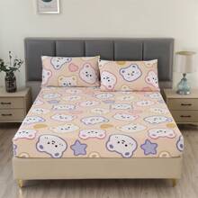 3 件套 100% 涤纶印花超细纤维床上用品套装，亲肤柔软卧室/酒店，包含 1 个床笠 + 2 个枕套（不含枕头）