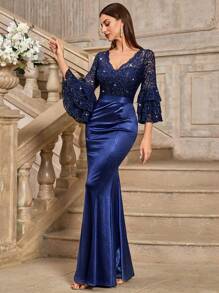 MIUSOL Elegant Sequin Lace V-Neck Ruffle Sleeve Satin Mermaid Hem Formal Party Dress, Wedding Guest Dress, Evening Dress - Navy Blue - View 4