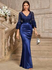 MIUSOL Elegant Sequin Lace V-Neck Ruffle Sleeve Satin Mermaid Hem Formal Party Dress, Wedding Guest Dress, Evening Dress - Navy Blue - View 3