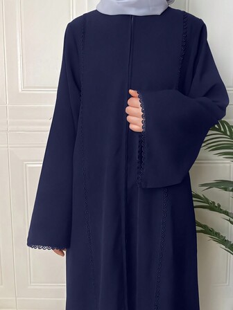 Solid Color Elegant Turkish Retro Style Arab Ladies Long Zip Lace Dress Abaya, Modest Robe