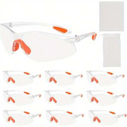 Set de 10 piezas de gafas protectoras a prueba de polvo, viento, arena, impactos y salpicaduras + 1 paño para lentes + 1 bolsa para lentes (Blanco) - Gafas de seguridad, gafas de trabajo, transparentes, equipadas con paño y bolsa para gafas, gafas de seguridad duraderas y resistentes a los arañazos