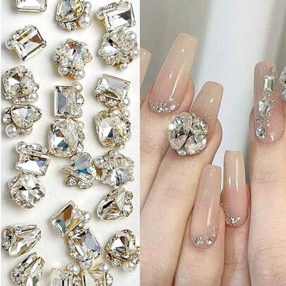 10/30 件白色水钻，大歪心，粗方斧，水晶水钻，不会掉底，高亮度珍珠，异形水钻材料，指甲水钻饰品指甲美甲用品指甲美甲饰品美甲宝石