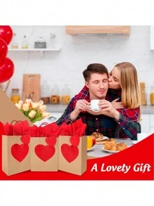 10/5Pcs Valentine's Day Gift Paper Bags Red Heart Party Favor Bags With Tags And Tissue Paper Brown Wrap Bags With Handles For Wedding Anniversary Party Decor Supply Valentine's Day - Multicolor - View 8