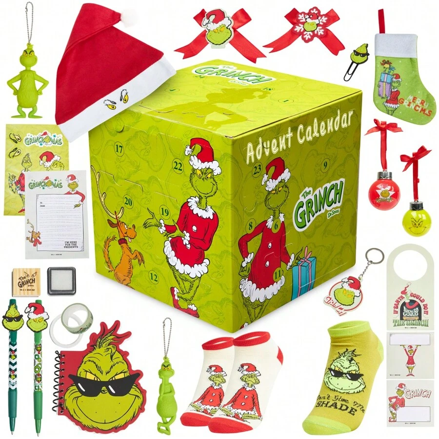 The Grinch Advent Calendar 2025 Christmas Decoration Stationery Socks Countdown Stocking Filler Gift - Green - View 1