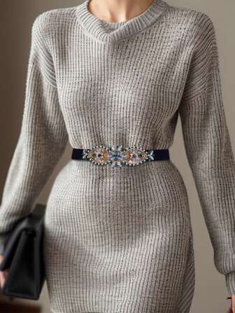 1 件优雅复古几何图案涤纶腰带，手工编织绿水晶钻石装饰，松紧腰带，适合秋冬季女士外套