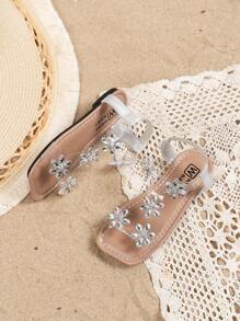 Girls' Fashionable Cute Shiny Sequin Snowflake Slip-On Flat Sandals, Open Toe Summer Flat Party Shoes, Suitable For Little Girls Beach, Party, Outdoor Camping, Flower Center Replaced By Round Rhinestone