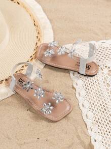 Girls' Fashionable Cute Shiny Sequin Snowflake Slip-On Flat Sandals, Open Toe Summer Flat Party Shoes, Suitable For Little Girls Beach, Party, Outdoor Camping, Flower Center Replaced By Round Rhinestone