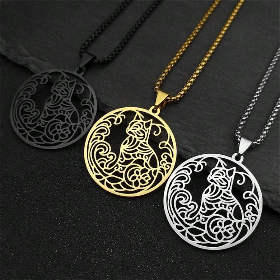 镂空生活花猫项链 男女款 不锈钢 金色 银色 可爱小猫链 首饰 - 項鍊 - 查看 1