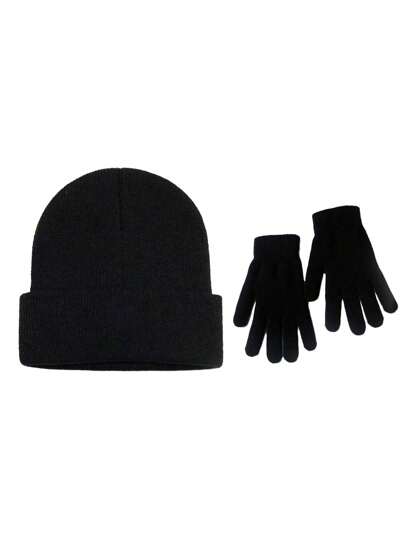 Set de 2 piezas Gorro de punto y guantes en unicolor unisex, Set de gorro y guantes de punto a prueba de viento para exteriores, accesorios de invierno cálidos para casual, viajes al aire libre, senderismo, ciclismo