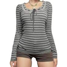 Women's Striped Long Sleeve Tops Lace Up Crew Neck Slim Fit Basic T Shirt Summer Y2K Tee Shirts - 灰色 - 查看 1