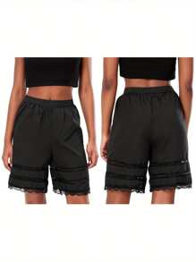Women Loose Half Slip Shorts Loose Fit Lace Trim Pettipants Culotte Slip Bloomers Split Underwear Shorts Summer Pajama Shorts Sleepwear - 黑色 - 查看 2