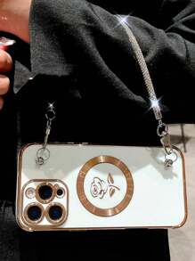 1pc Lovely Rose Electroplated Wireless Charge Glitter Bling Lanyard Phone Case Compatible With Iphone 16 15 14 13 12 11 Pro Max Plus Soft Silicone Back Cover - White - View 2