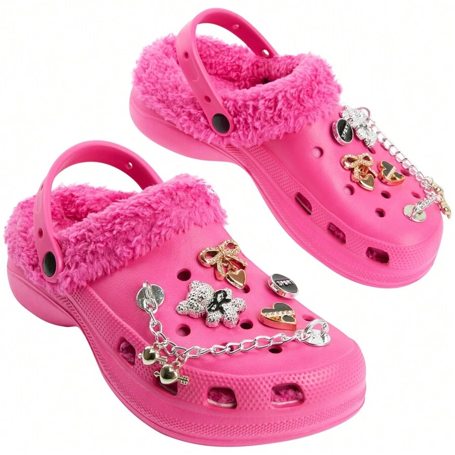 City Comfort Winter Clogs Fleece Lined Removable Shoe Charms Garden Shoes Slippers Mules Slip On With Strap - Pink - View 1