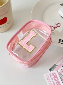 Portable Mini Transparent Zipper Storage Bag, Towel Embroidered Letter, Small Multi-Function Storage Bag, Earphone & Charger Storage Box With Keychain, Transparent Travel Accessories, Exquisite And Compact, Suitable For Storing Small Items, Cable Storage Bag, Bracelet Pouch - Pink - View 5