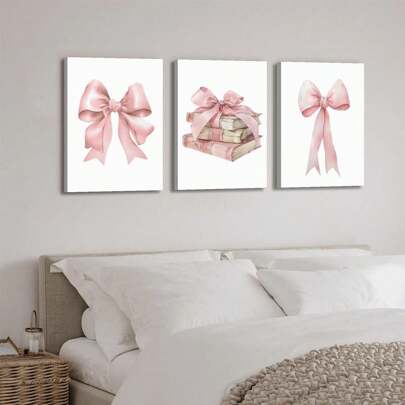 3件套粉色蝴蝶结与书本帆布墙画 - 现代印花装饰画，适用于客厅、卧室、办公室 - 家居艺术，完美的房间装饰 - 帆布材质（带框）