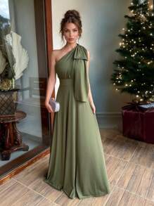 Long Party Dress With Lace, Lined Cups, Comfortable, Elegant, Simple - 軍綠色 - 查看 2