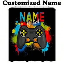1 PIEZA Cortina de ducha impermeable personalizada con tema de juego, patrón personalizado de manija de juego y texto de fuente personalizada, regalo para amantes de los juegos, familia y amigos, cortina de ducha personalizada con nombre para bañera, impermeable y lavable a máquina con ganchos, adecuada para la decoración del baño en el hogar en todas las estaciones, accesorios de baño, decoración de otoño, de vuelta a la escuela