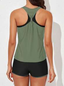 女士 3 件套分体泳衣套装游泳背心带运动胸罩和平角裤夏季沙滩泳衣泳装 - 軍綠色 - 查看 2