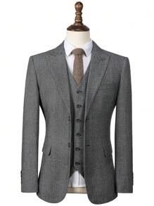 Mens Herringbone Tweed Suit 3 Piece Suit Two Buttons Wool Suits 1920's Themed Wedding Suit Prom Tuxedos Blazer Dress Formal Business Party Jacket Vest Waistcoat For Groom - 灰色 - 查看 3