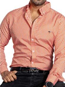 PLATINUM STORES Camisa Hombre Casual Regular Fit Cuadros Naranja Y Blanco Moda Diario Comoda Trabajo - Negro - Ver 3