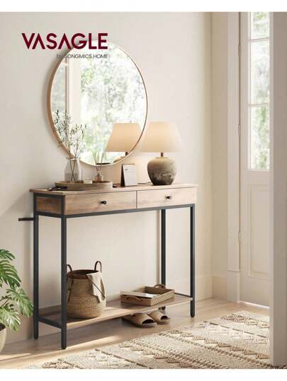 VASAGLE Tavolo Consolle, Tavolo da Ingresso, con 2 Cassetti, Struttura in Metallo, per Corridoio, Camera da Letto, Soggiorno, Stile Industriale, Marrone Cammello e Nero Inchiostro