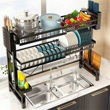 Large Over Sink Kitchen Storage Rack - 2-Tier Adjustable Stainless Steel Dish Organizer With Knife Holder & Utensil Stand, Fits 13.78"-39.37" Cabinets (Ideal For 28.74" Height, Space Saving Design,Kitchen Organization And Storage/Kitchen Accessories/Christmas Decorations For Home/Christmas Decor/Funny Gifts - 黑色 - 查看 4