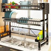 Large Over Sink Kitchen Storage Rack - 2-Tier Adjustable Stainless Steel Dish Organizer With Knife Holder & Utensil Stand, Fits 13.78"-39.37" Cabinets (Ideal For 28.74" Height, Space Saving Design,Kitchen Organization And Storage/Kitchen Accessories/Christmas Decorations For Home/Christmas Decor/Funny Gifts - 黑色 - 查看 3