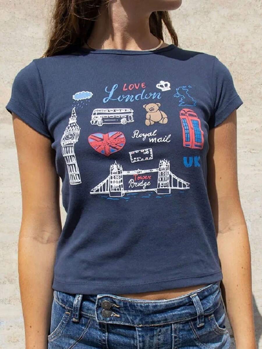 Teen Girl's Summer Tops Casual Short Sleeve Crew Neck Star/Letter/Cartoon Print T-Shirts Streetwear - 藏青色 - 查看 1